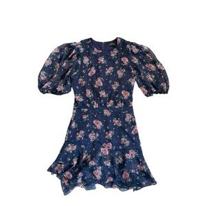 Iorane Navy Blue Pink Floral Puff 3/4 Sleeve‎ Knee Length Mini Dress